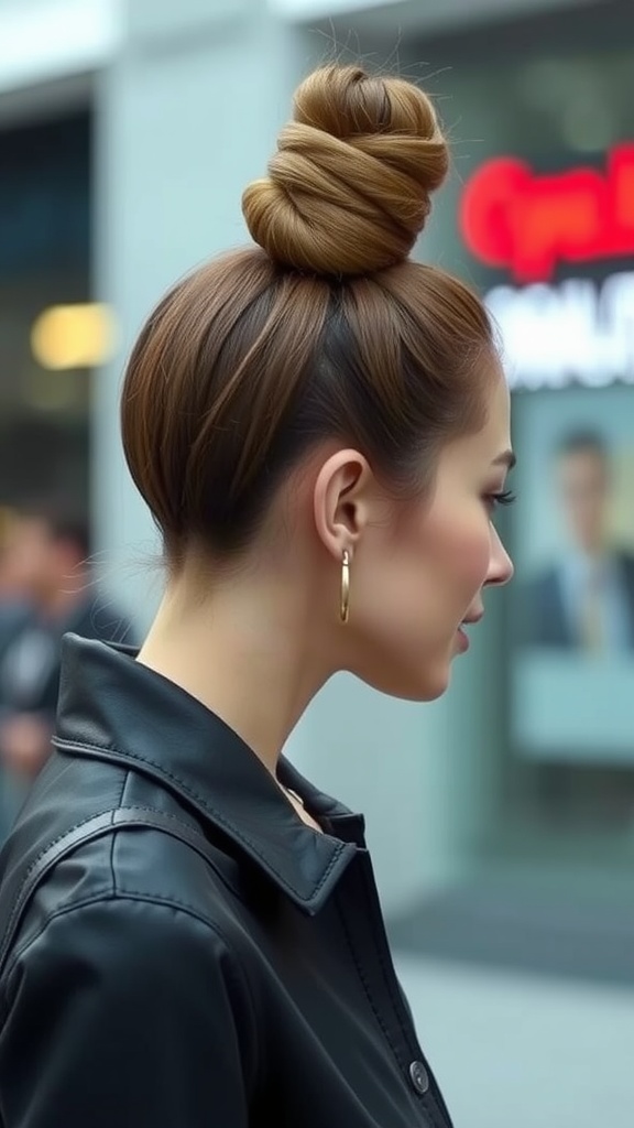 A woman with a chic cuffed bun hairstyle, showcasing a stylish and elegant look.