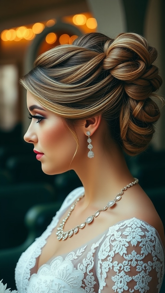 A bride with a chic knotted updo hairstyle, wearing elegant jewelry.