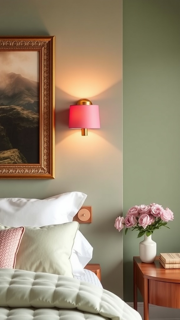 Chic wall sconces in a pale pink and sage green bedroom