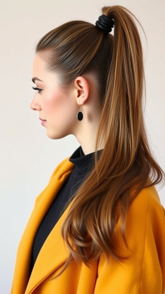 Side view of a woman with a sleek, voluminous ponytail wearing a black outfit and orange coat.