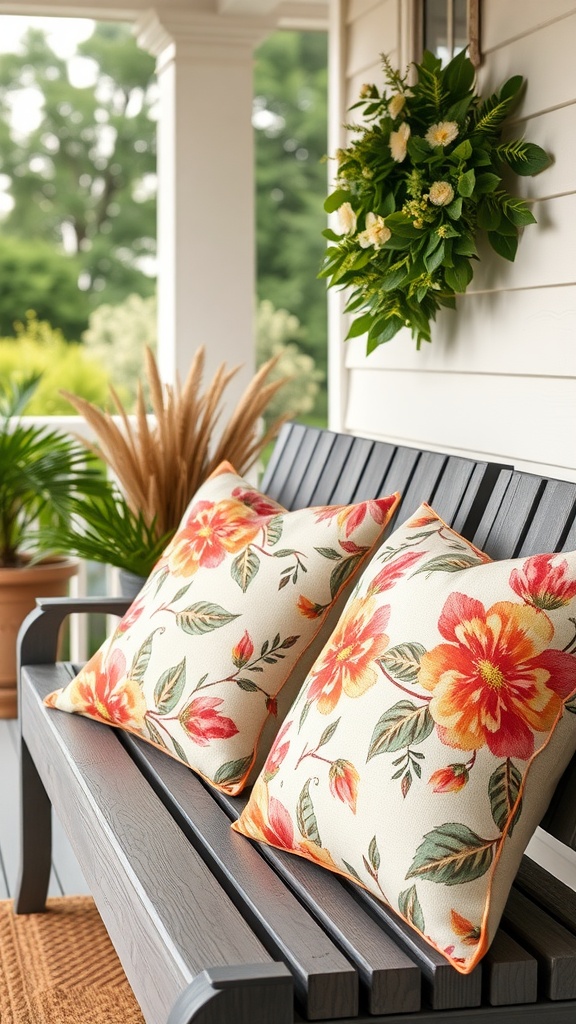 A cozy porch with floral throw pillows on a bench, surrounded by greenery and a wall wreath.