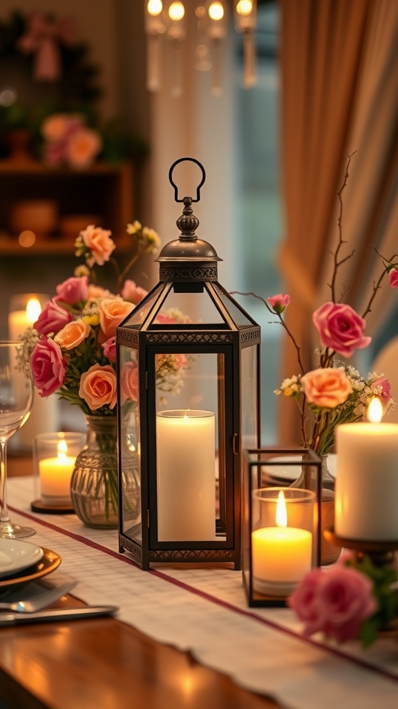 A beautifully arranged dining table featuring chic lanterns and vibrant flowers.