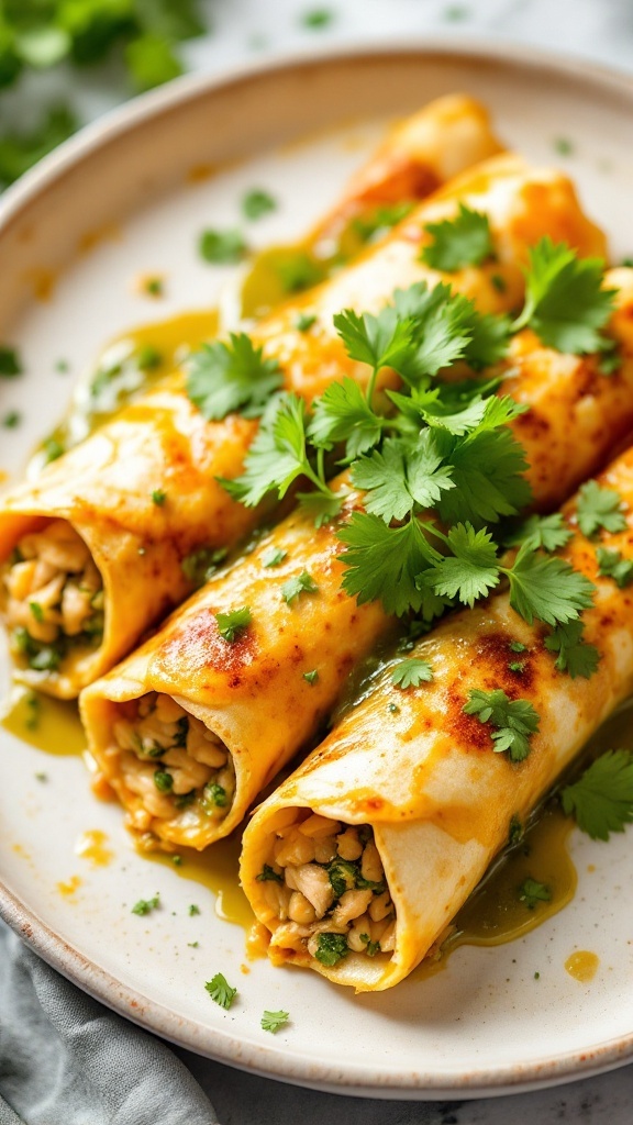 A plate of chicken enchiladas topped with green sauce and cilantro.