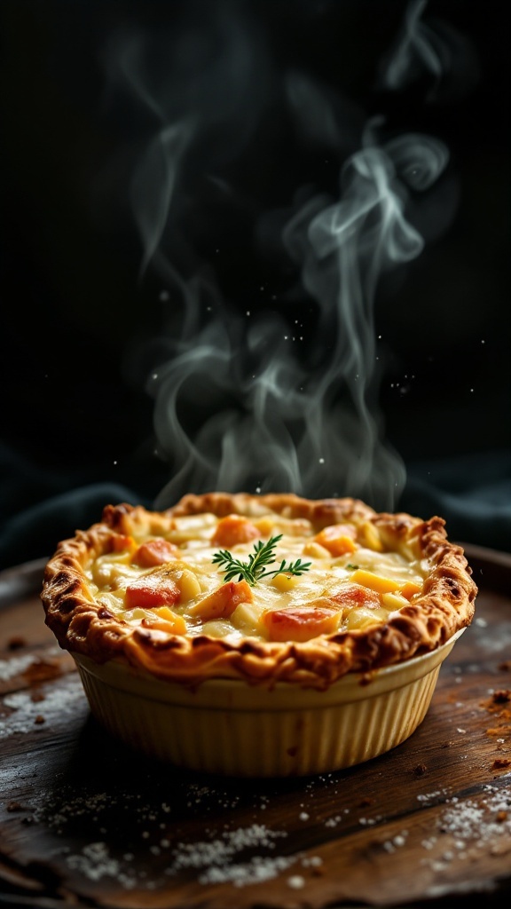 A delicious chicken pot pie with a flaky crust, filled with chicken and vegetables.