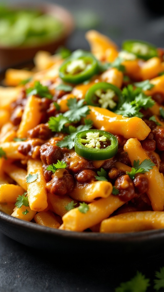 A close-up of chili cheese fries topped with jalapeños and cilantro.