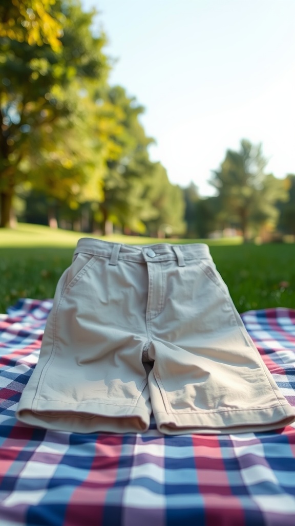 Chino shorts placed on a picnic blanket in a sunny park