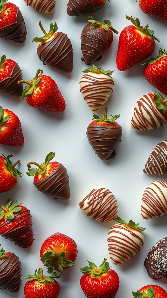 A display of chocolate-covered strawberries in various designs.