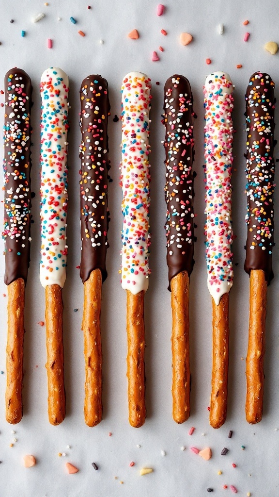 Chocolate dipped pretzel rods with colorful sprinkles on a white background.