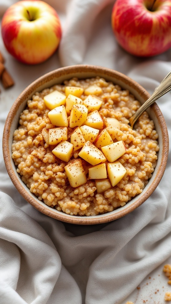 A bowl of cinnamon quinoa porridge topped with diced apples and sprinkled with cinnamon.