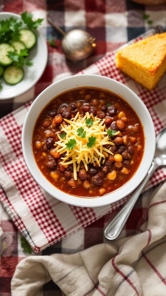 A bowl of classic chili topped with cheese and cilantro, served with cornbread on the side.