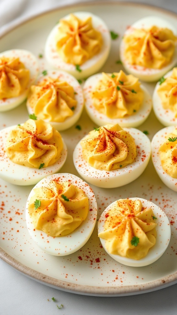 A plate of beautifully arranged classic deviled eggs garnished with paprika and parsley.