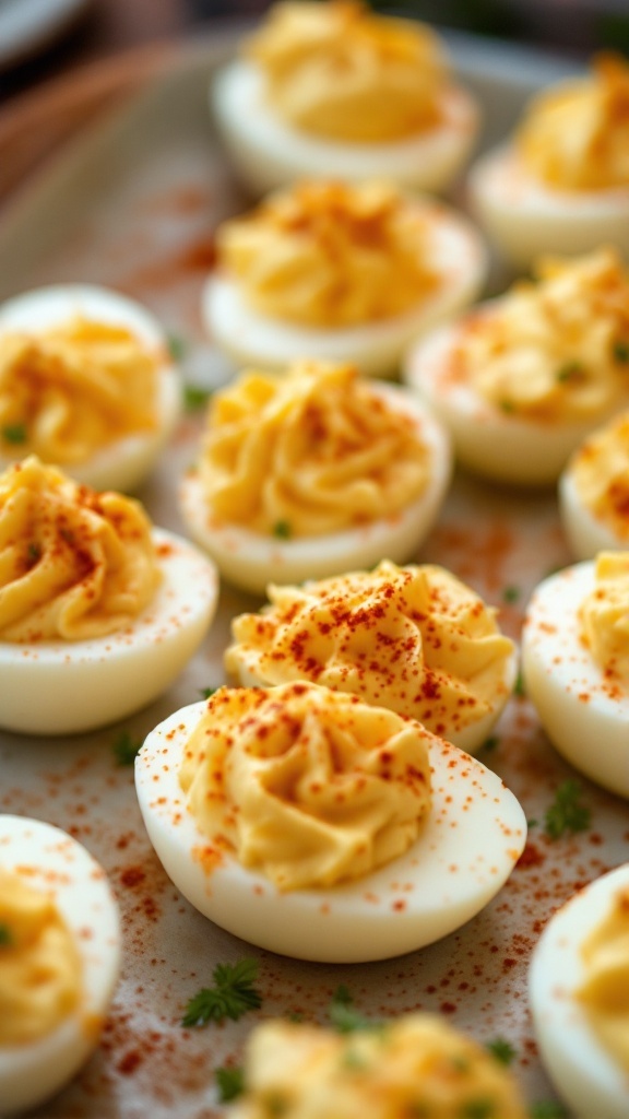 A platter of classic deviled eggs topped with paprika.