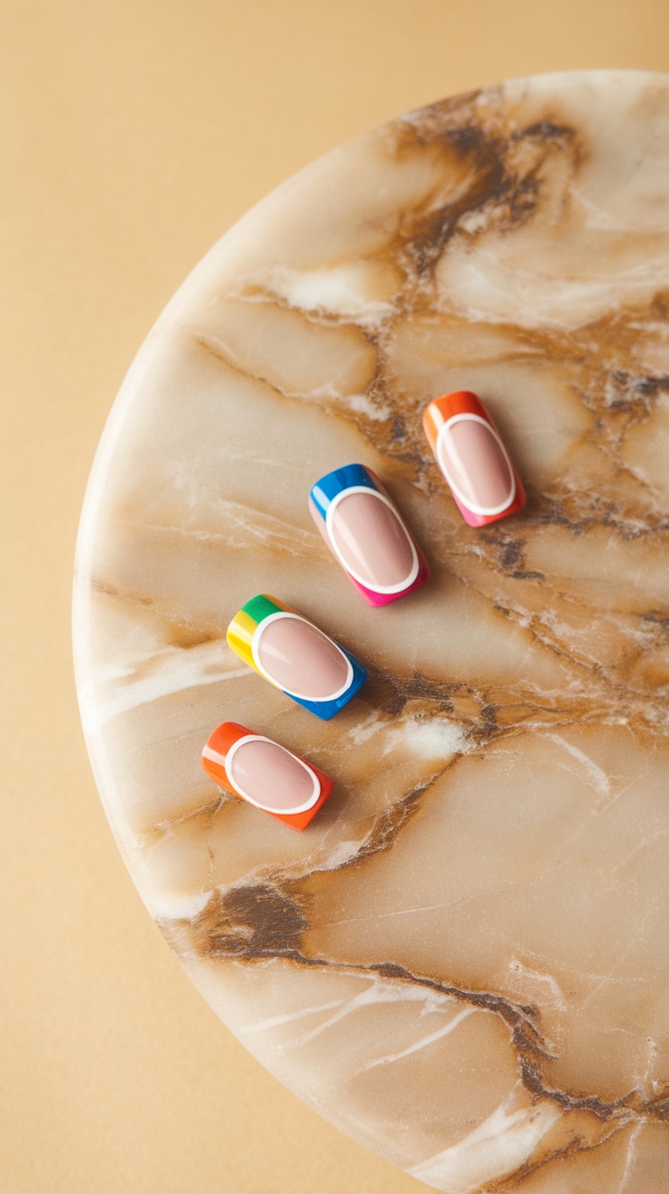 Close-up view of colorful French tip nails on a marble surface.