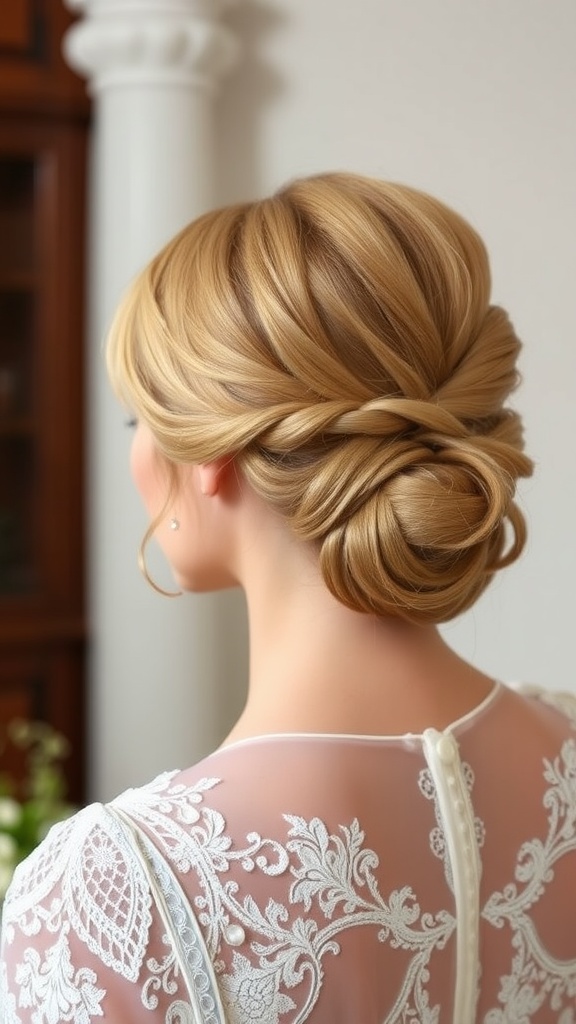 A beautiful classic French twist hairstyle suitable for a wedding.