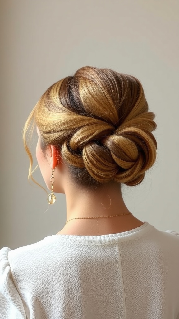 A woman with a classic French twist hairstyle, showcasing elegance and sophistication.