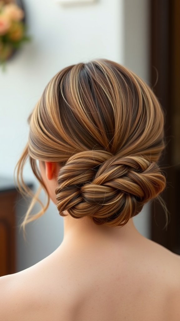 A styled low chignon hairstyle with soft waves and highlights.