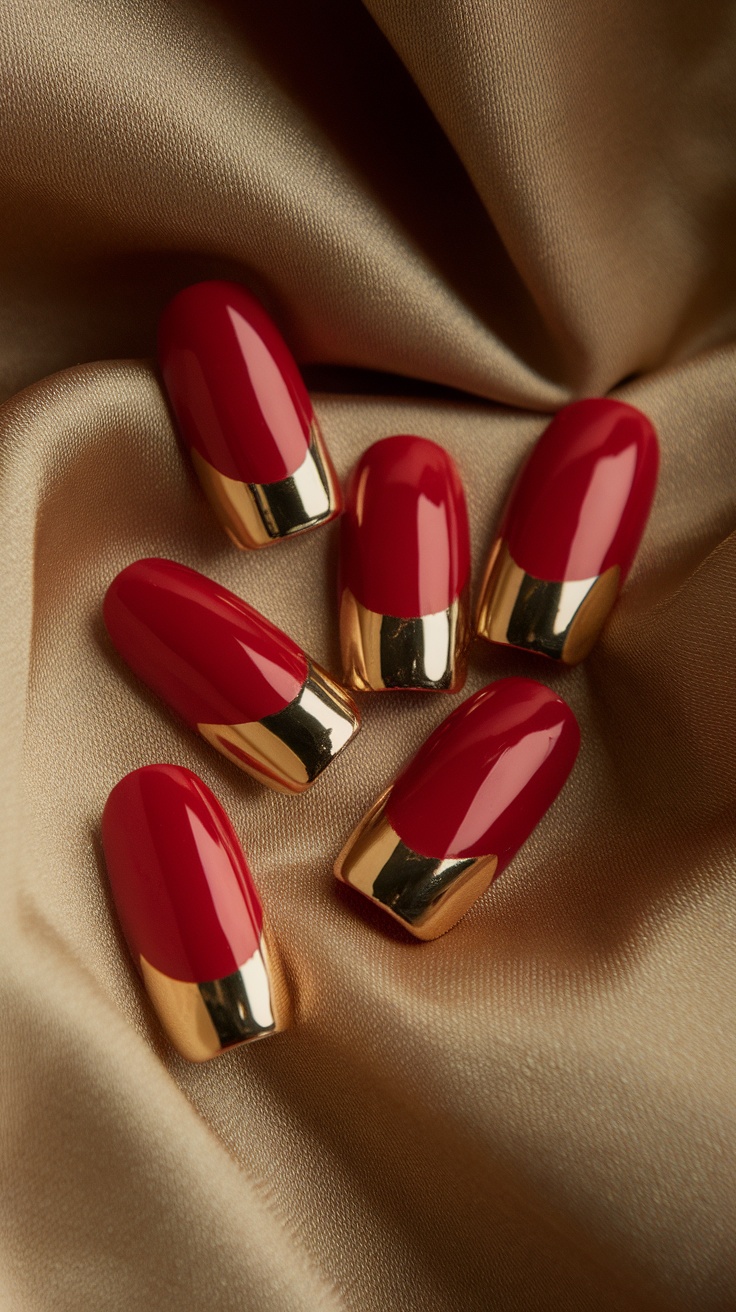 Close up of classic red nails with gold accents