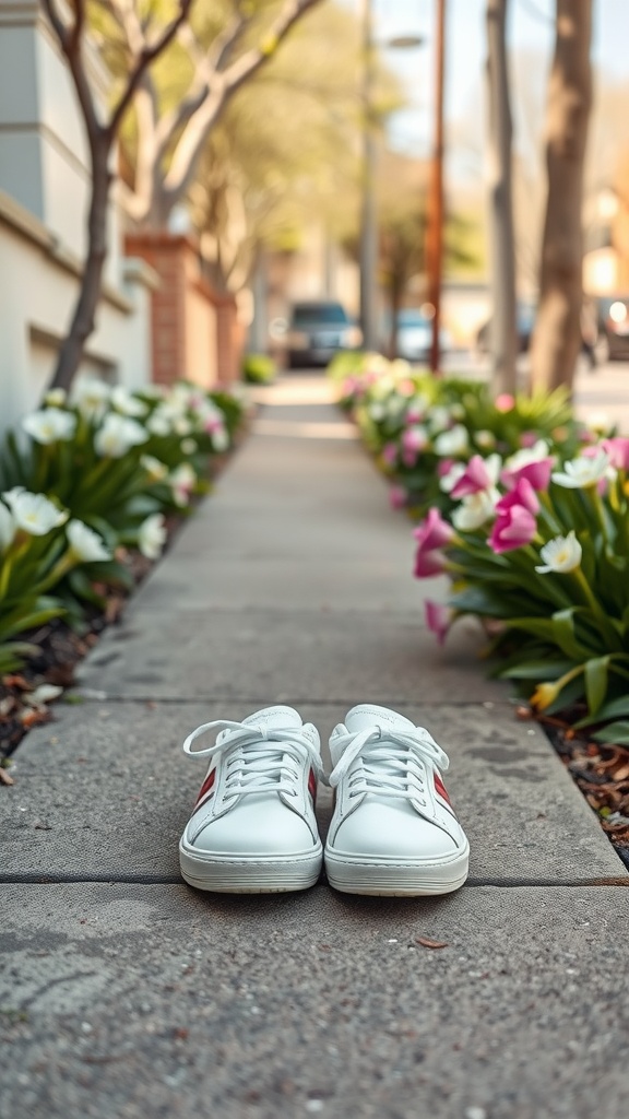 A pair of classic white sneakers placed on a sidewalk surrounded by blooming flowers.