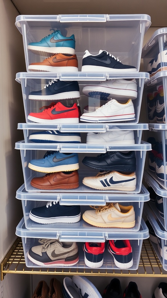 Stacked clear plastic shoe boxes filled with various shoes, organized for easy access.