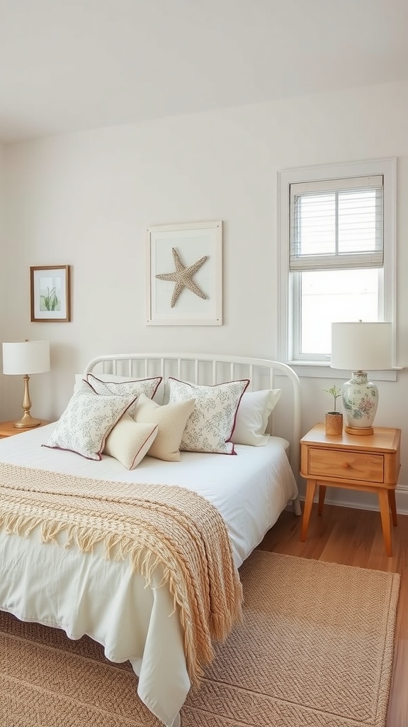 A bright coastal-inspired bedroom with a white bed, textured throw blanket, and beach-themed decor.