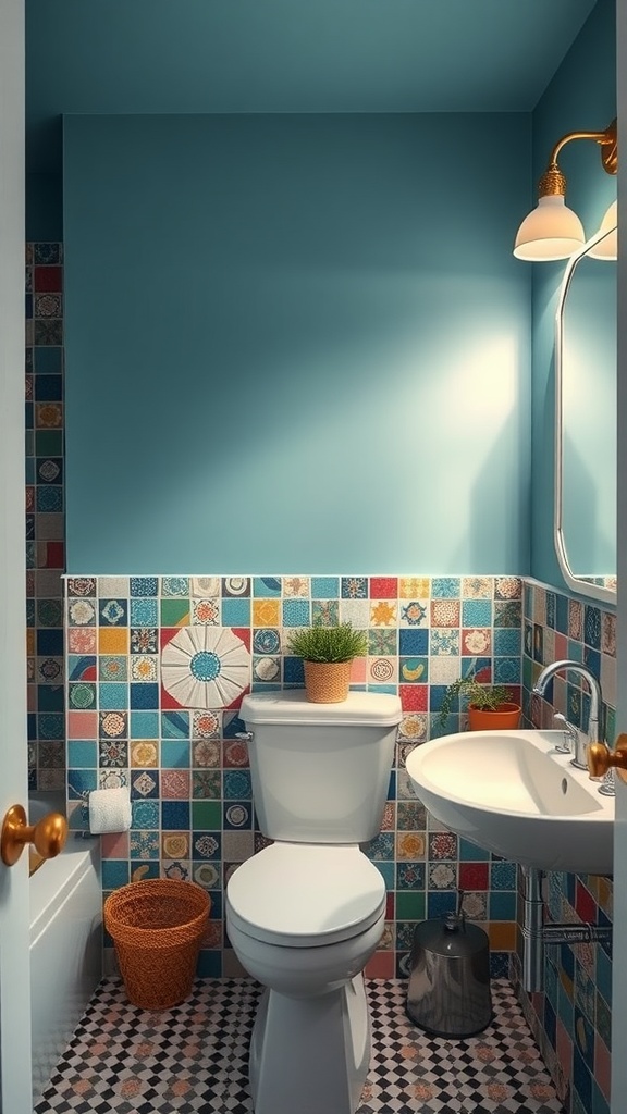 A small bathroom featuring a colorful accent wall with patterned tiles and a soothing blue wall.