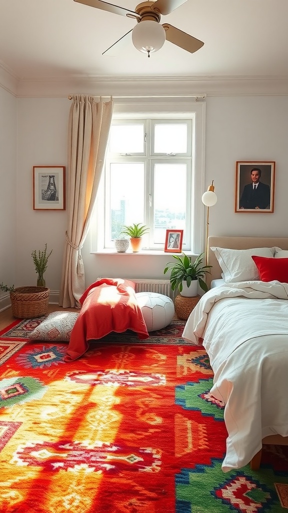 A colorful area rug in a bright bedroom setting with plants and cozy decor.