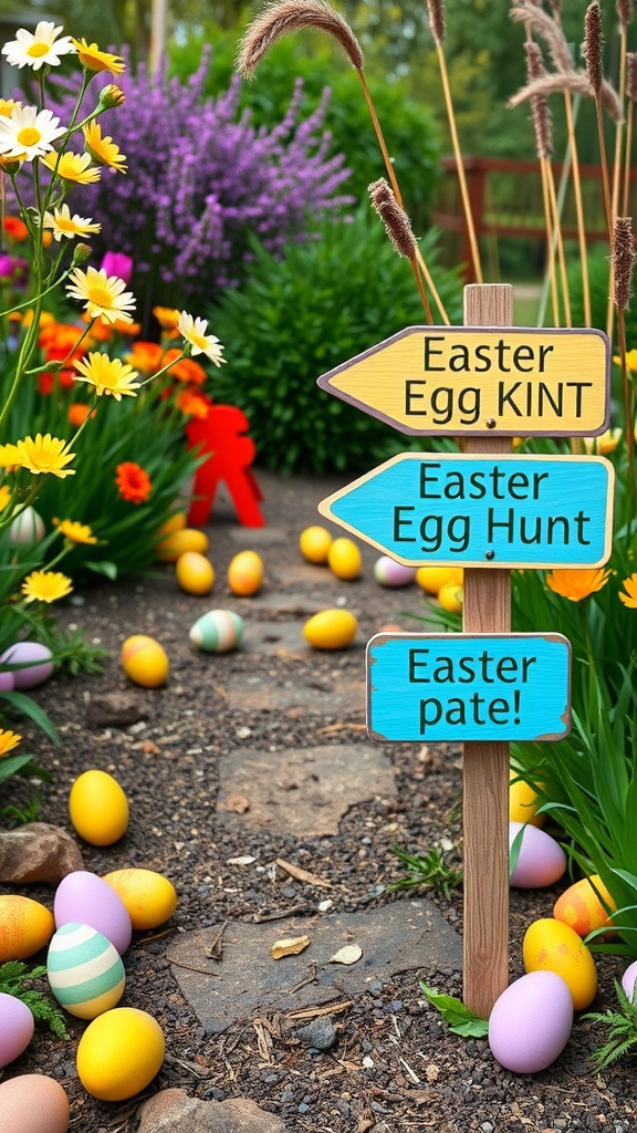 Colorful Easter egg hunt signs in a flower garden