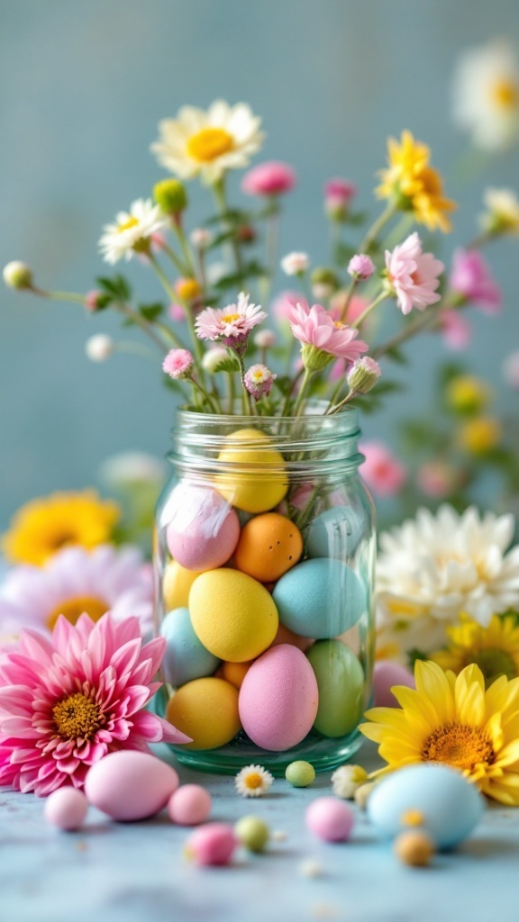 Mason jar filled with colorful Easter eggs and surrounded by flowers