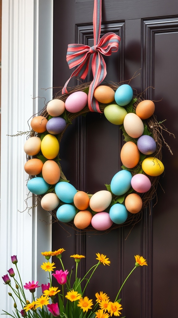 A vibrant Easter egg wreath adorned with pastel-colored eggs, hanging on a door with flowers in front.