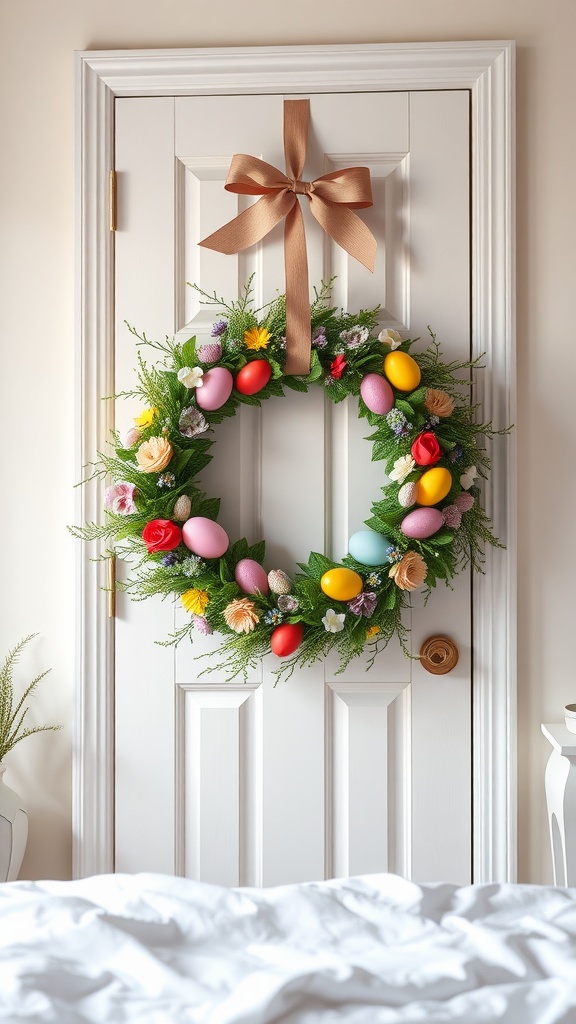 A colorful Easter wreath with eggs and flowers hanging on a white door