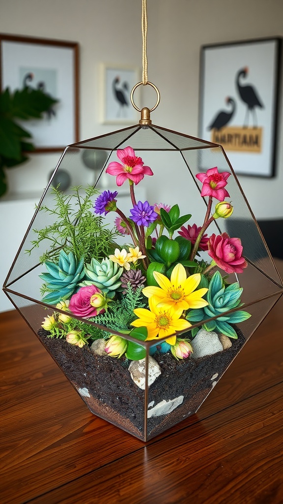 A colorful geometric terrarium with vibrant flowers and succulents in a glass structure.