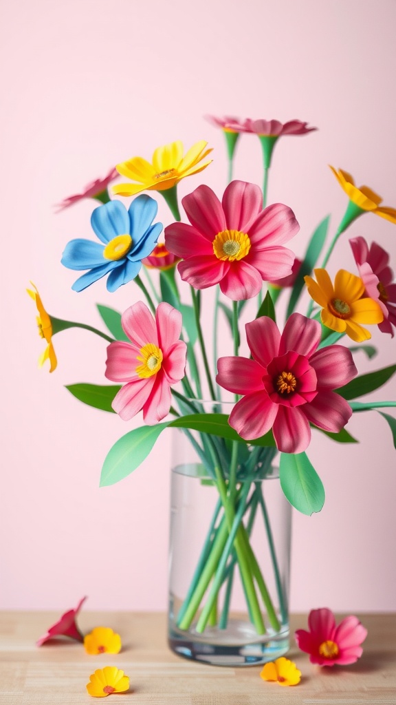 A vibrant bouquet of paper flowers in a clear vase against a pink background.