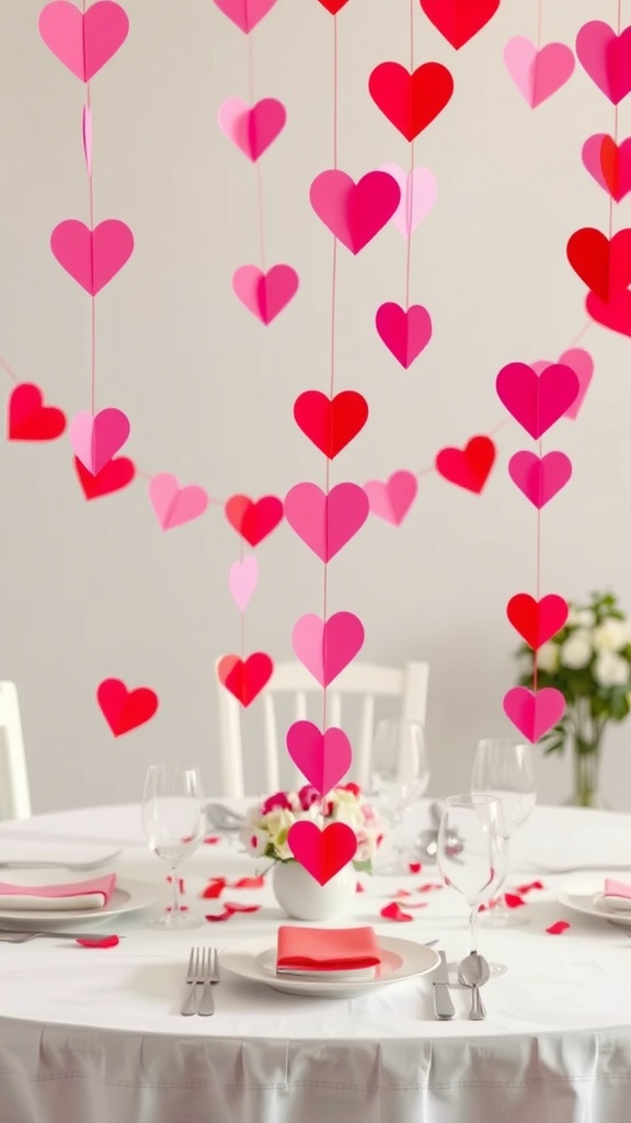 A colorful paper hearts garland hanging over a Valentine's Day table setting.