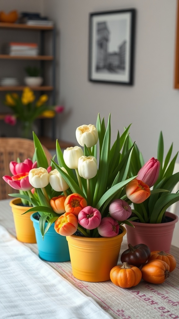 Colorful potted tulips in various colors with small decorative pumpkins on a dining table.