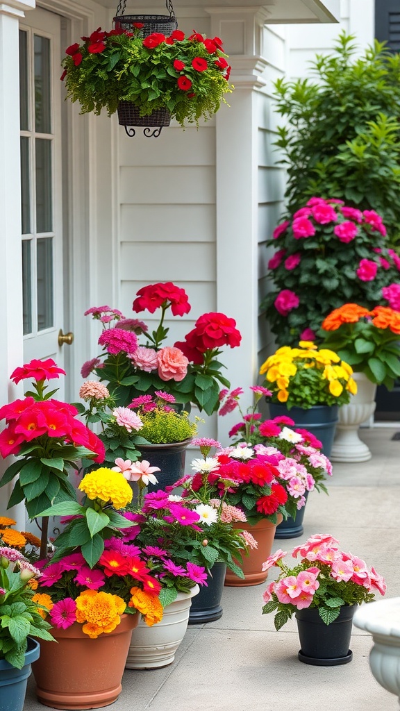 A vibrant display of colorful potted flowers on a front porch, showcasing a variety of blooms in different pots.