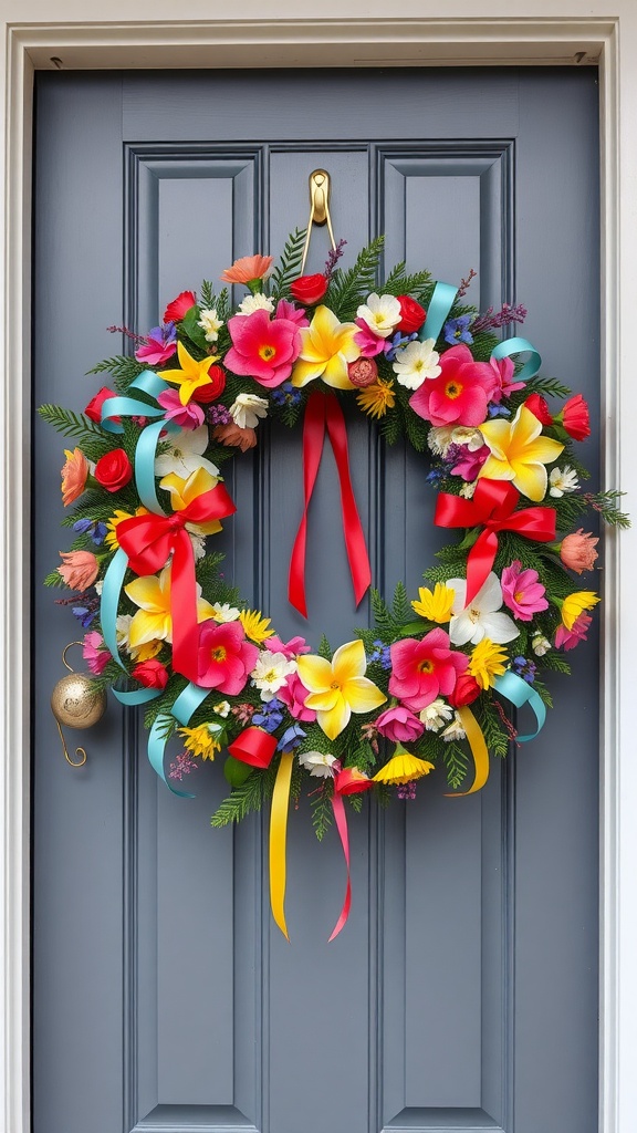 A colorful wreath with flowers and ribbons hanging on a blue door