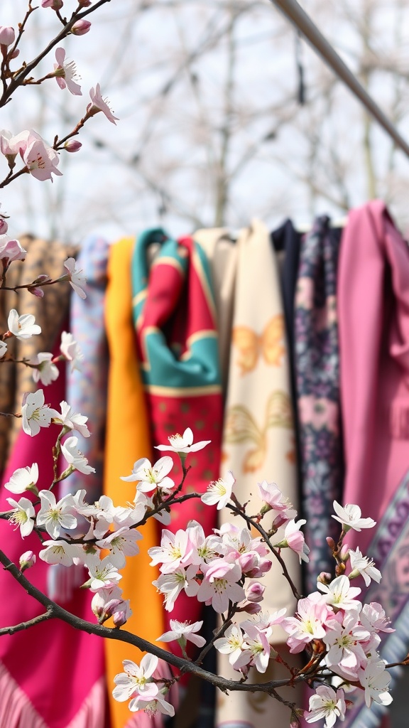 Colorful scarves hanging on a rack with blooming flowers in the foreground.