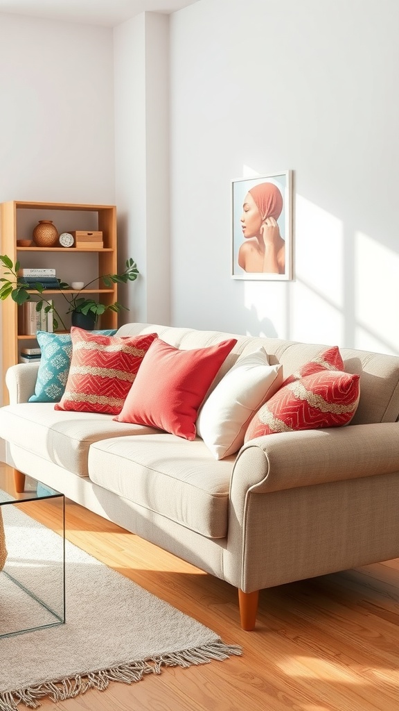 A cozy living room with colorful throw pillows on a light sofa, complemented by natural sunlight.