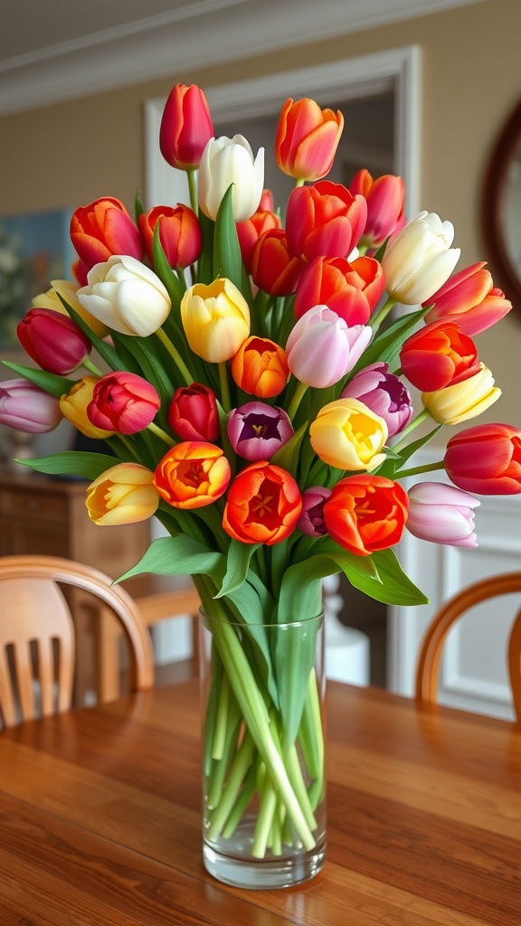 A vibrant bouquet of tulips in a glass vase on a dining table