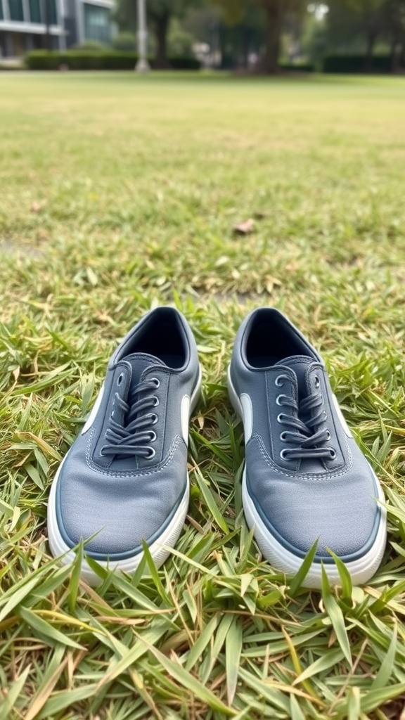 A pair of comfortable slip-on sneakers on green grass.