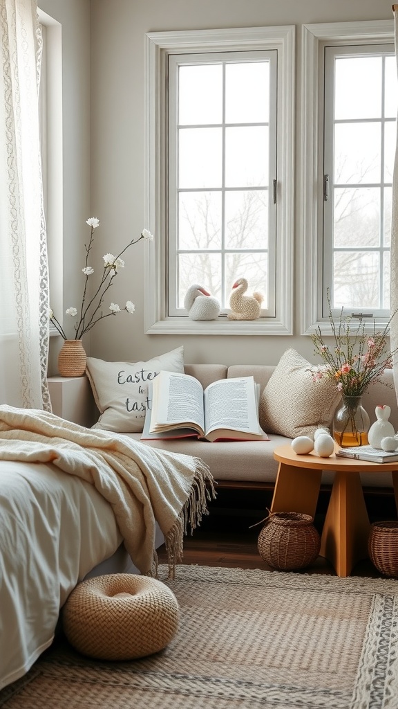 A cozy reading nook with a sofa, open book, and Easter decor.