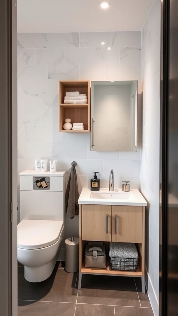 A compact bathroom featuring a modern vanity unit with storage beneath a sink.