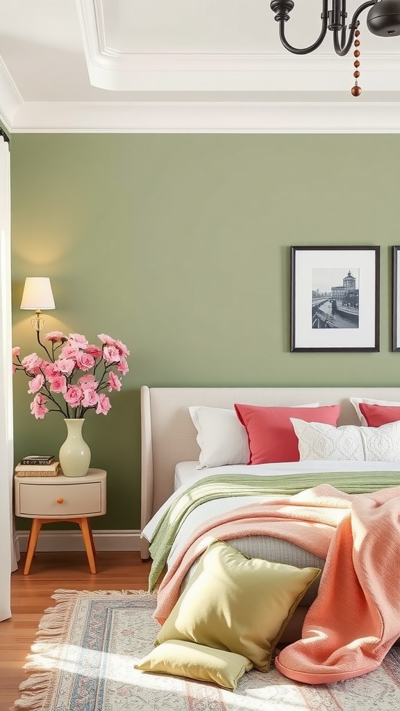 A beautifully decorated bedroom featuring sage green walls, pink accents, and cozy bedding.