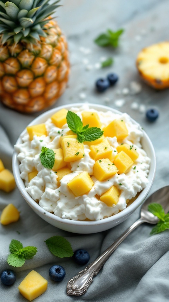 A bowl of cottage cheese topped with diced pineapple and mint leaves, served with blueberries.