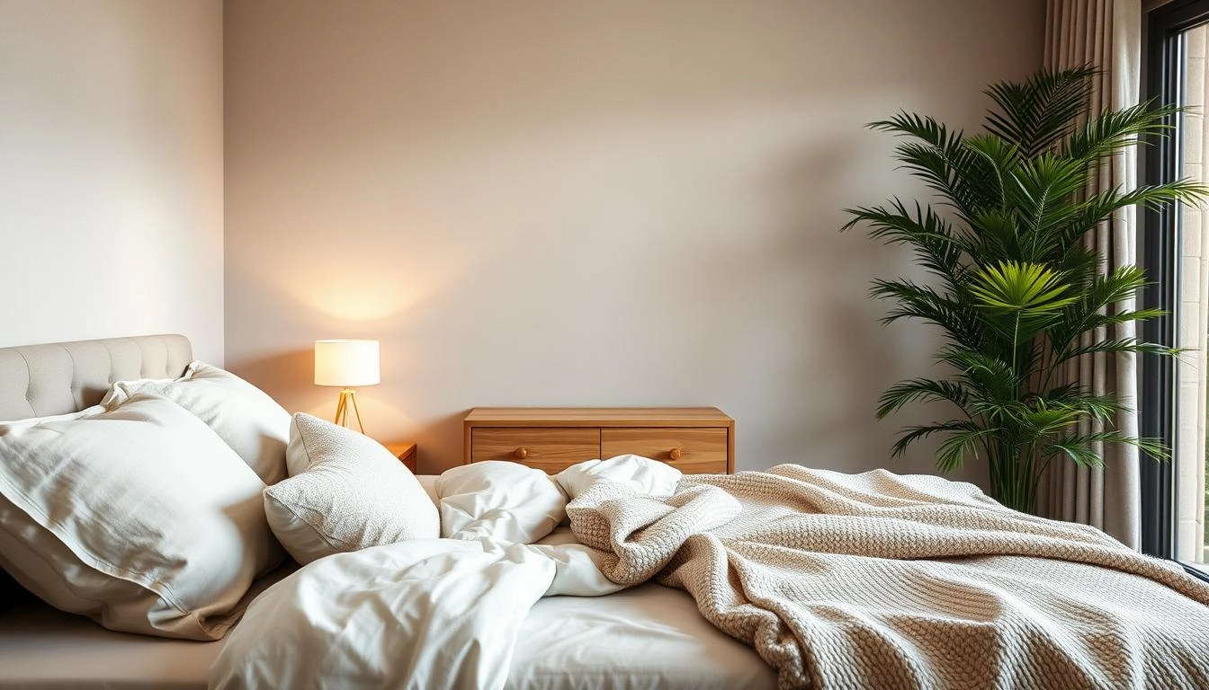 Serene bedroom with neutral bedding and textured throw, wooden nightstand with lamp, plant in corner, natural lighting