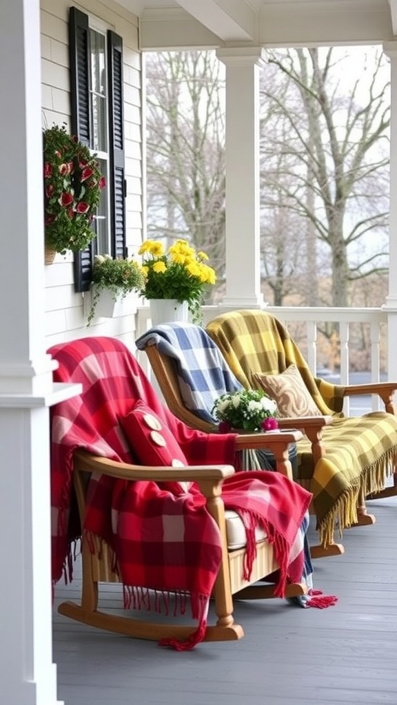 Cozy front porch with colorful blankets and flowers