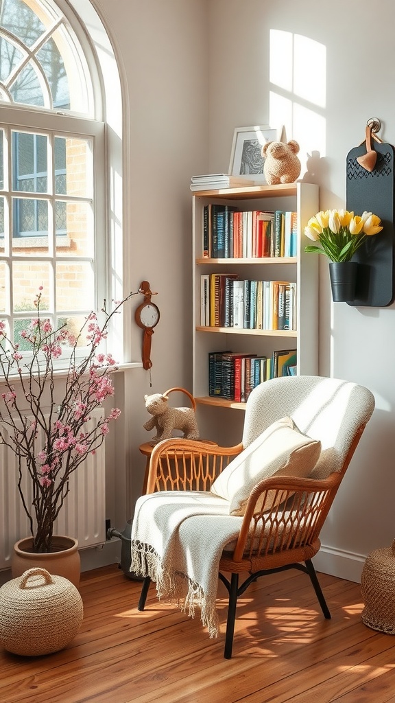 A cozy reading nook in a spring-themed bedroom with a comfortable chair, bookshelves, and floral decorations.