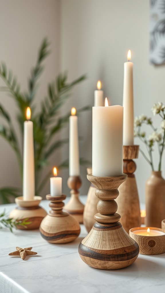 A collection of DIY candle holders with lit candles, showcasing a cozy home aesthetic.