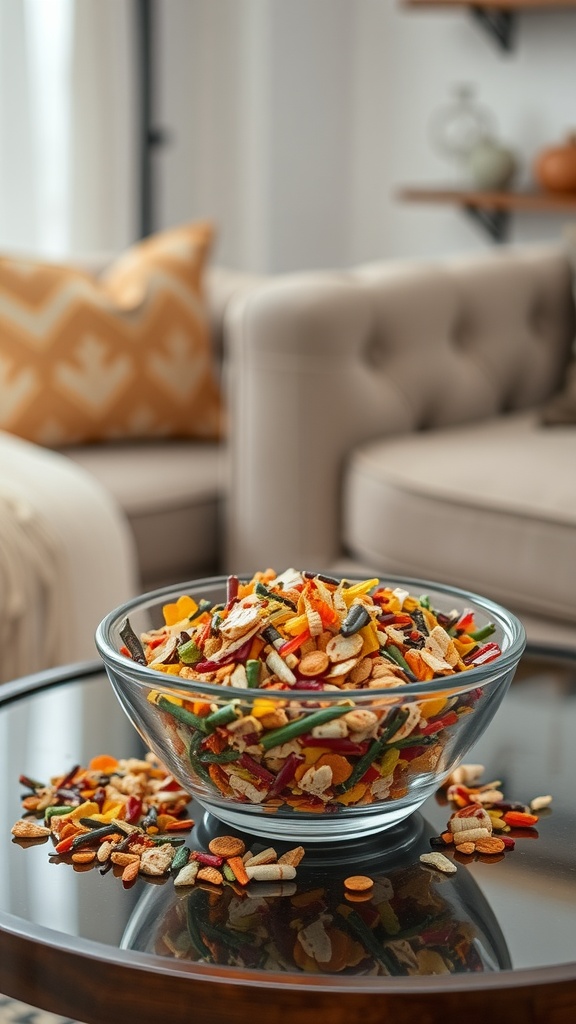 A bowl of colorful handmade potpourri on a coffee table, surrounded by scattered pieces.