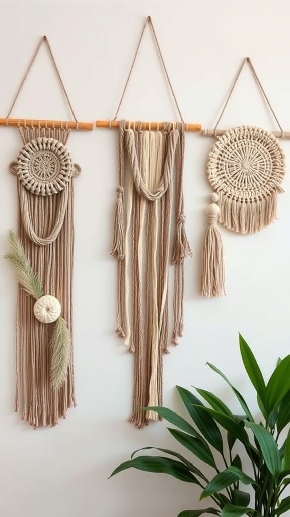 A display of various handmade wall hangings showcasing different textures and designs.